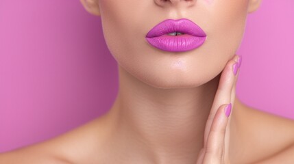 Obraz premium Close-up of a woman with vibrant pink lipstick and nail polish on a pink background. Highlighting fresh beauty, natural makeup, and modern trends with a focus on matching lips and nails.