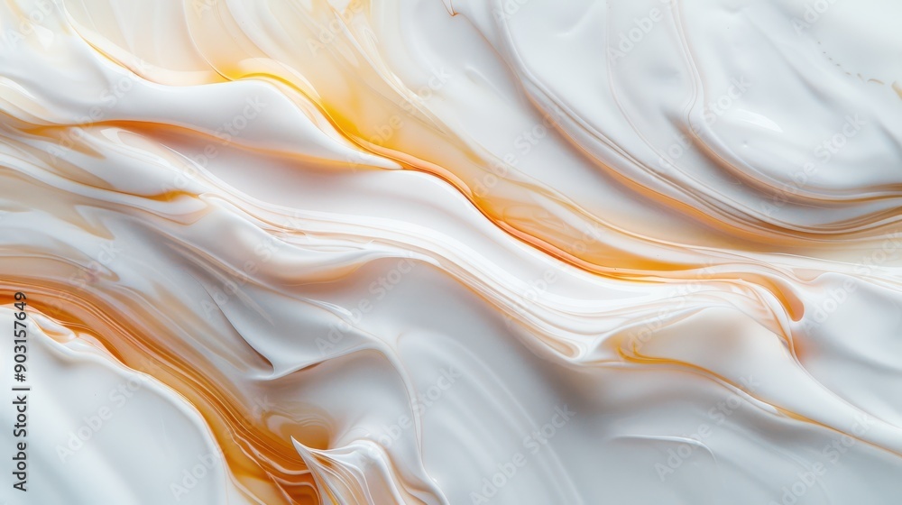 Poster an abstract artistic representation of milk blending with orange liquid hues, creating smooth flowin