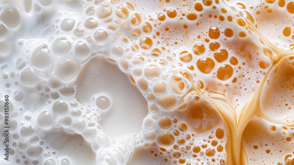 Poster a detailed close-up of the interaction between milk and orange-colored liquid bubbles, showcasing th