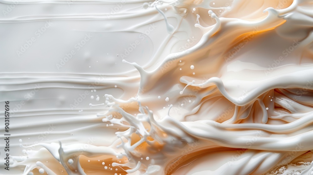 Poster a dynamic and energetic splash capturing the moment when milk and orange liquid waves merge and inte
