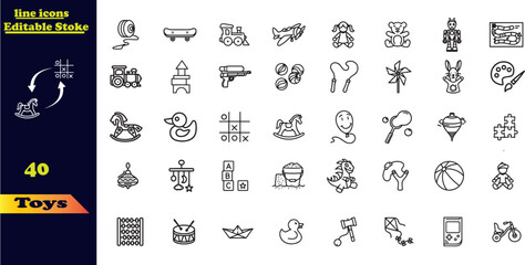 Toys icon set. Containing robot, bike, game controller, ball, puzzle, spinning drum et teddy bear rattle castle spinner icon.