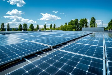 Rooftop Solar Panels under Clear Blue Sky, Renewable Energy and Modern Home Technology. Sustainable and clean energy at home
