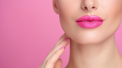 Close-up of a woman with vibrant pink lipstick and natural makeup on a pink background. Emphasizing fresh beauty, elegant makeup trends, and a minimalist look with focus on glossy pink lips.