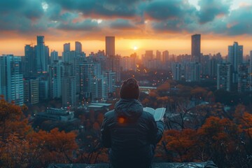 A person reading a book while sitting on a high vantage point, overlooking a stunning cityscape during sunset, capturing a moment of peace, reflection, and urban beauty.