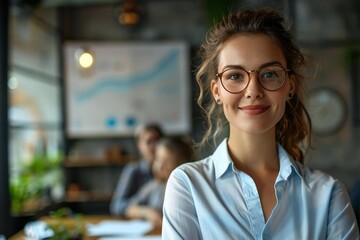 Beautiful manager standing in front of a graph, smiling and giving a presentation to staff or colleagues at a table, wearing eyeglasses and looking at the audience attentively.