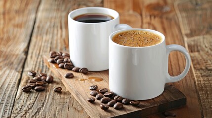Brewed coffee in white mugs on wood surfaces with coffee beans