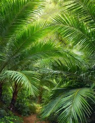 beautiful green jungle of lush palm leaves, palm trees in an exotic tropical forest, wild tropical plants nature concept for panorama wallpaper, selective sharpness