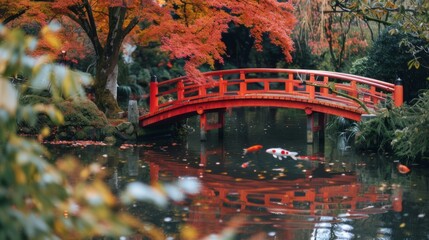 Red bridge in Japanese garden with autumn trees and reflective pond creates a serene and peaceful atmosphere. Perfect for travel and nature themes.