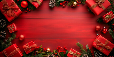 a background for chistmas advertising, a red wooden table, top view with christmas decoration