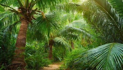Fototapeta premium beautiful green jungle of lush palm leaves, palm trees in an exotic tropical forest, wild tropical plants nature concept for panorama wallpaper, selective sharpness
