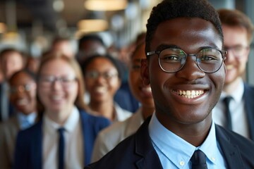 1. A group of beautiful male and female businesspeople smiling and laughing while wearing eyeglasses during a video conference. 2. The team of workers is looking at the camera