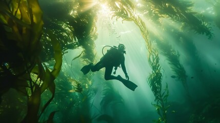 Underwater diver explores sunlit kelp forest. Beautiful discovery beneath the surface, filled with mystery and wonder. Perfect harmony of man and nature.