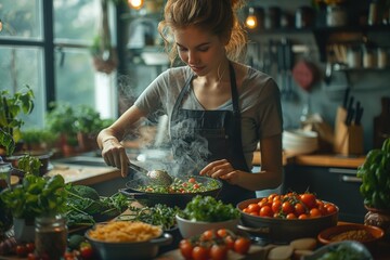 A woman preparing a healthy meal in a cozy kitchen filled with an abundance of fresh vegetables and herbs, emphasizing home-cooked meals and natural ingredients.