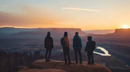 Fototapeta premium Group of friends standing on a cliff edge at sunrise, overlooking a river winding through a vast canyon landscape.