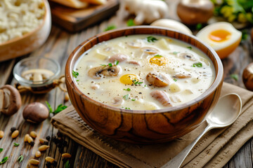 Zurek - polish fermented rye soup with traditional polish white kielbasa or sausage with marjoram, hard-boiled eggs
