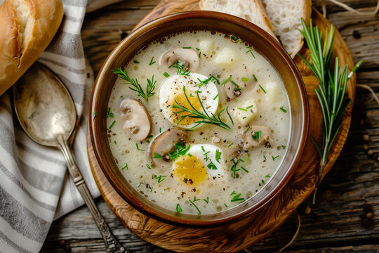 Zurek - polish fermented rye soup with traditional polish white kielbasa or sausage with marjoram, hard-boiled eggs