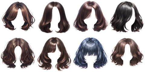 Collection of women different realistic hair wig styles in various colors, perfect for fashion and beauty concepts. transparent background