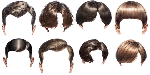 Collection of men various men's hairstyles, showcasing different colors and styles, perfect for design, fashion, and illustration purposes. transparent background