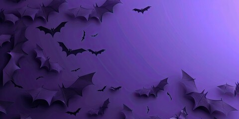 A minimalist Halloween design with bats in flight over a purple background, blending simplicity and spookiness to evoke a festive and haunting atmosphere. Copy space