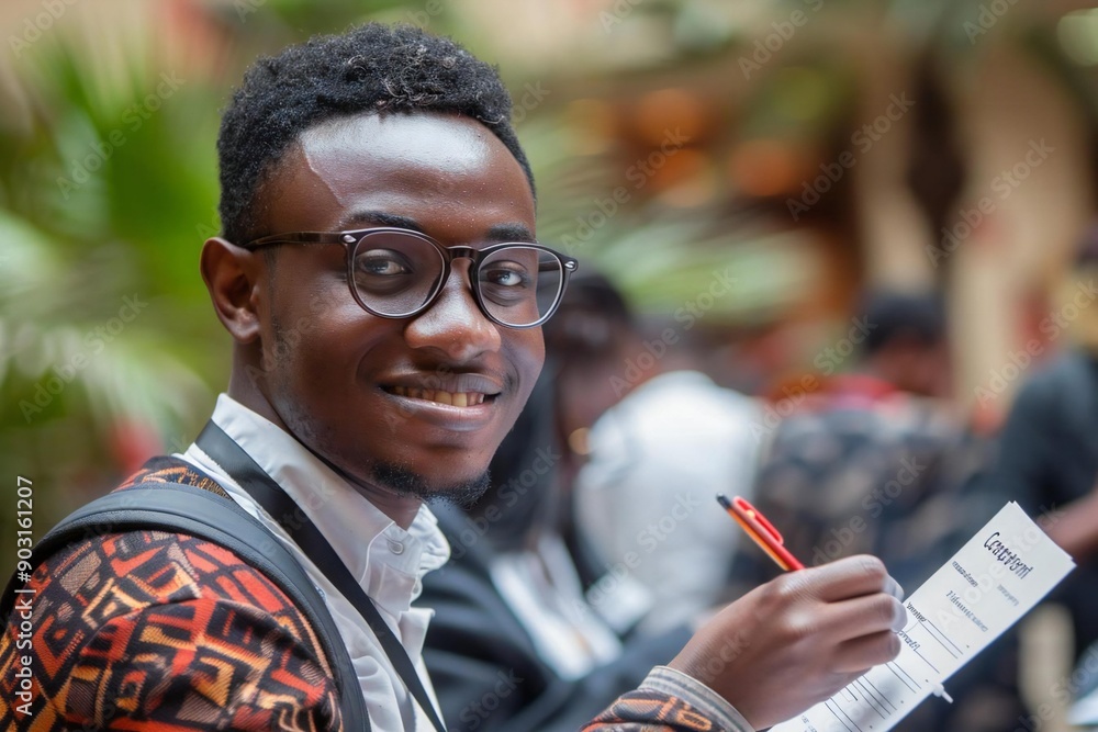 Aufkleber beautiful african businessman smiling and wearing glasses while filling out a customer survey form w