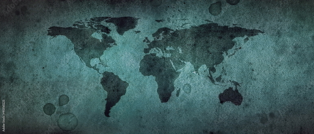 Poster old map of the world on a old parchment background. vintage style. tinting in gray-brown color. elem
