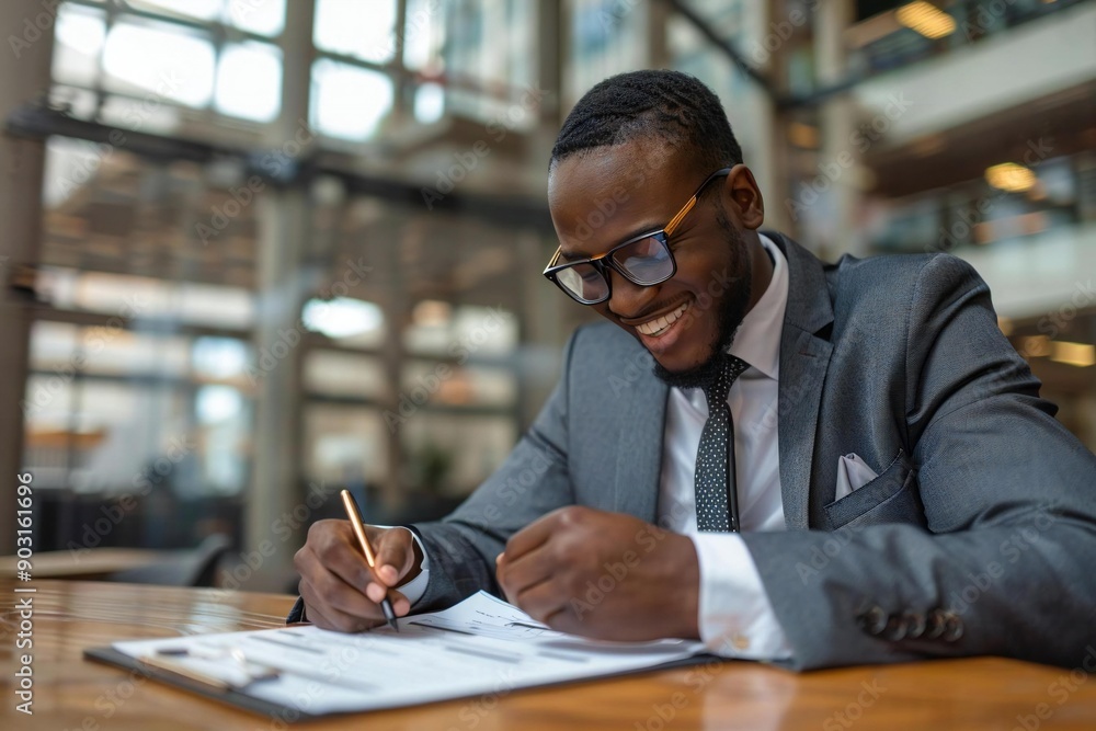 Poster beautiful businessman in eyeglasses smiling and laughing while filling out a customer survey form in