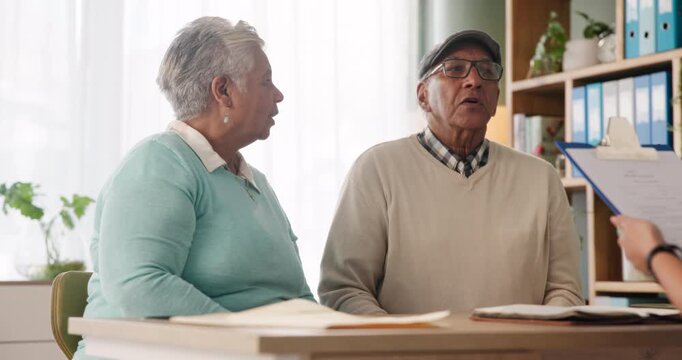 Senior, couple and contract in office with lawyer for legal consultation, will writing and power of attorney for estate. People, talking and paperwork for trust establishment and retirement planning.
