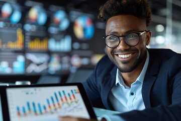 - Young businessman with a beautiful smile, wearing eyeglasses, analyzing a graph while chatting with his colleagues in a conference room. - Colleagues are looking at the digital tablet