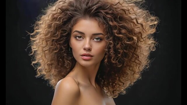 Beautiful female model with a chic thick curly hairstyle