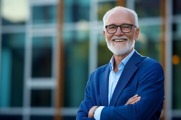 Fototapeta premium A man in a blue suit and glasses is smiling and posing for a photo. Concept of confidence and professionalism, as the man is dressed in a business suit and is smiling for the camera