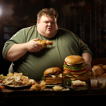 fat men eating fast food