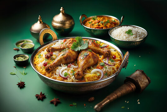 Ramadan Dum chicken biriyani, delicious chicken biriyani in ramadan green festive background.