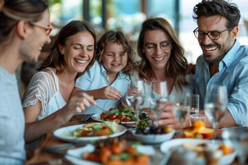 Beautiful family enjoying a healthy meal together, smiling and laughing, seated around the table, with both parents wearing eyeglasses and looking contentedly at their food.