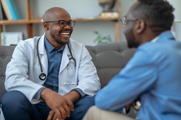 beautiful business man wearing eyeglasses is reclining comfortably on a couch smiling and talking to his psychiatrist, who is listening attentively.