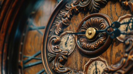 Obraz premium A wooden clock with Roman numerals and a gold face