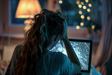 Fototapeta premium A woman holding her head in frustration as she looks at a broken shattered laptop screen.