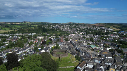 Totnes, South Devon, England: DRONE VIEW: The town centre and historic skyline. Totnes is a market town dating from the 10th century  today its alternative lifestyle attracts many visitors. © Colin