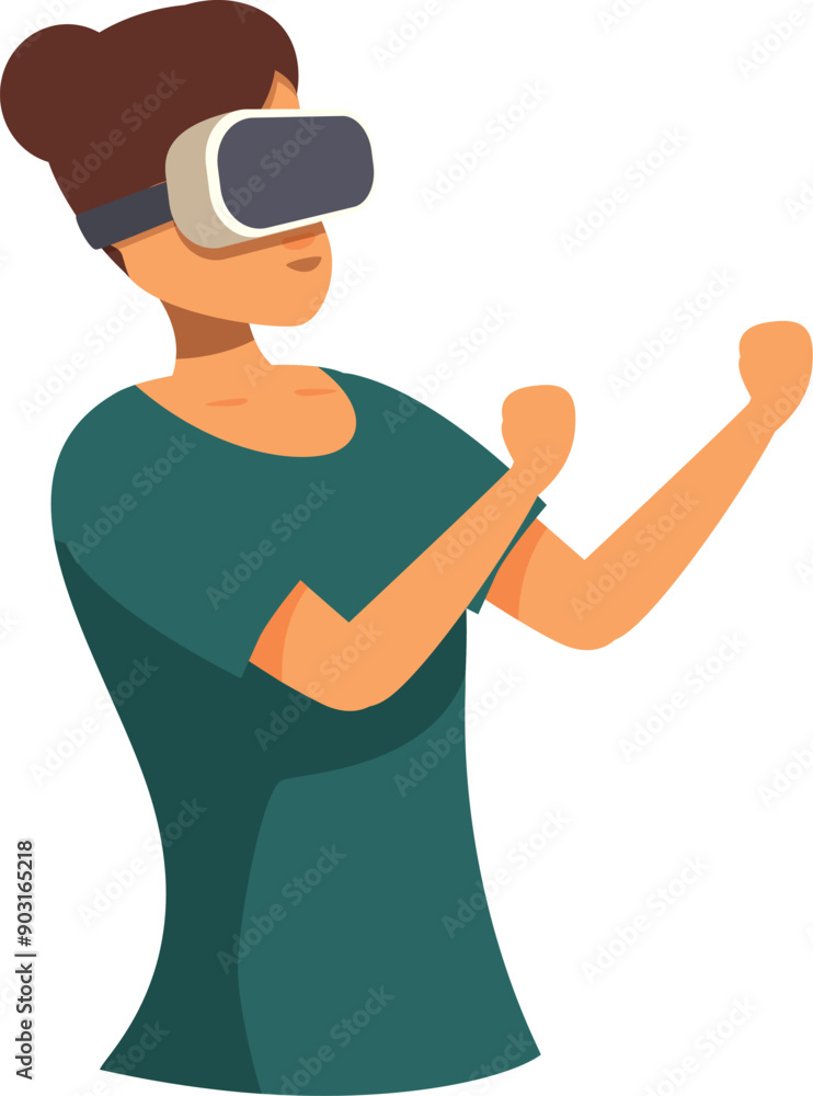 Poster woman is interacting with virtual reality using goggles and experiencing augmented reality