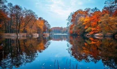 Obraz premium Lake framed by autumn trees, vibrant reflections on still waters