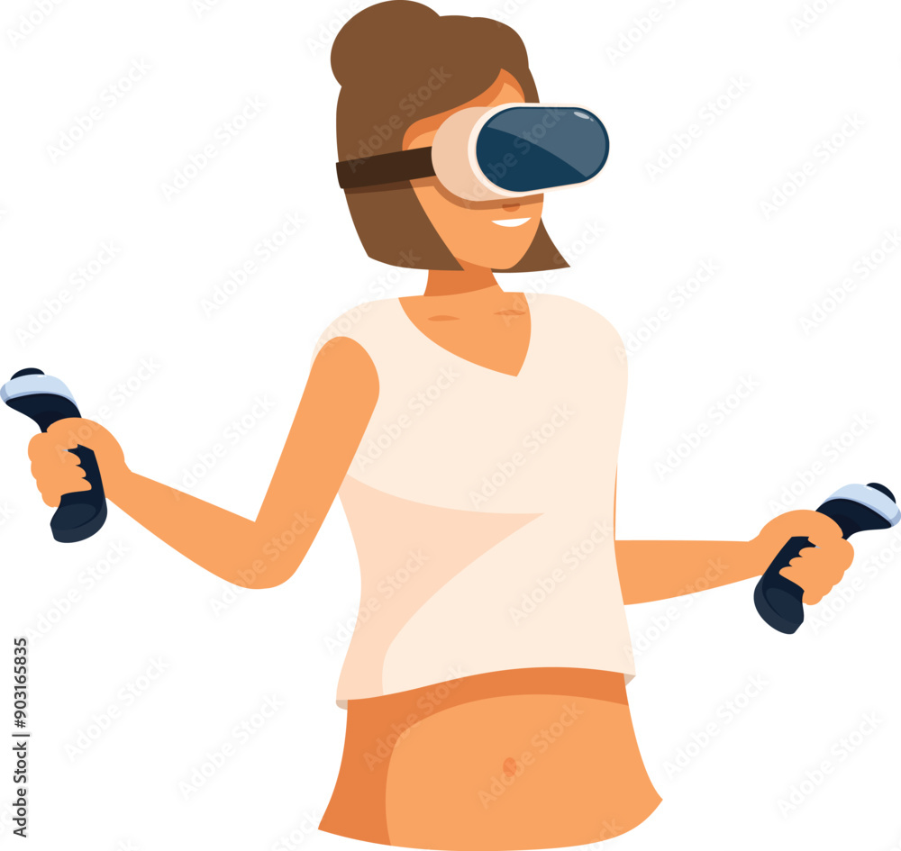 Poster woman is immersed in a virtual reality experience, using a vr headset and controllers to interact wi