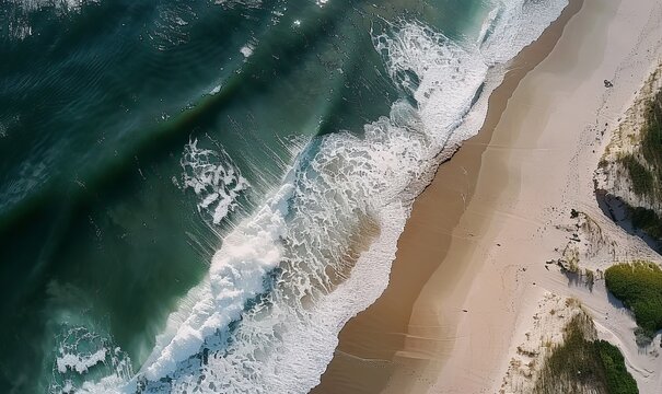 Aerial view of wave crashing along the shore of the Hamptons, Southampton, New York, United States
