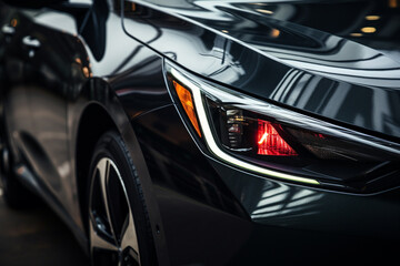 Close-up of a car's illuminated headlight, emphasizing modern design and top-notch quality.