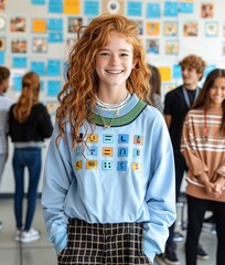 Obraz premium Young girl with red hair smiling in a blue sweater with a pattern on it