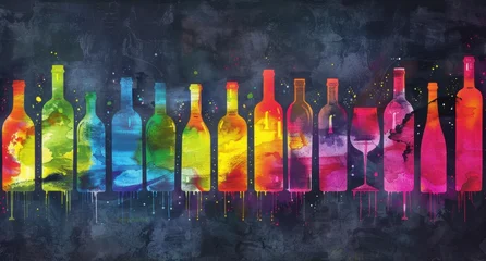 Crédence de cuisine  Colorful wine bottles and glasses in the style of watercolor, arranged horizontally as an abstract pattern on a dark grey background Generative AI  © SKIMP Art