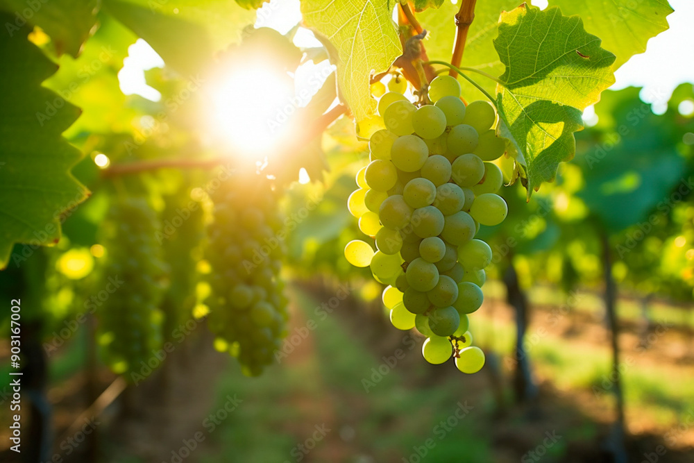 Wall mural stunning green grape clusters hanging on the vine with a vineyard background.