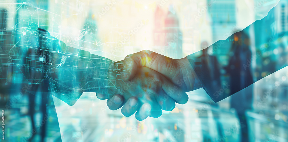 Aufkleber Close-up of a handshake with a digital network overlay and blurred city background. Business partnership and technology concept for design and print