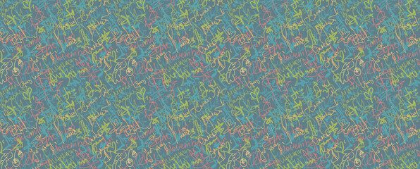 Abstract hand drawn doodles imitating pen written text in retro color. Vector seamless grunge pattern in 90. For background, postcard, poster, print, greeting card.