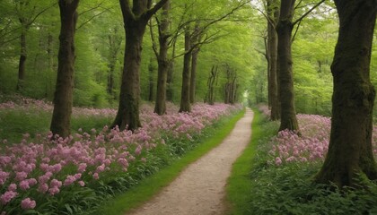 A serene path through a springtime forest