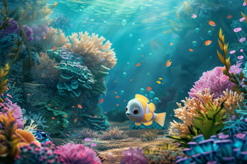 Obraz premium A cartoonish fish swims in a colorful ocean scene