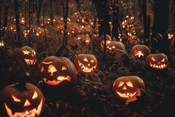 A group of pumpkins with their eyes open and glowing in the dark